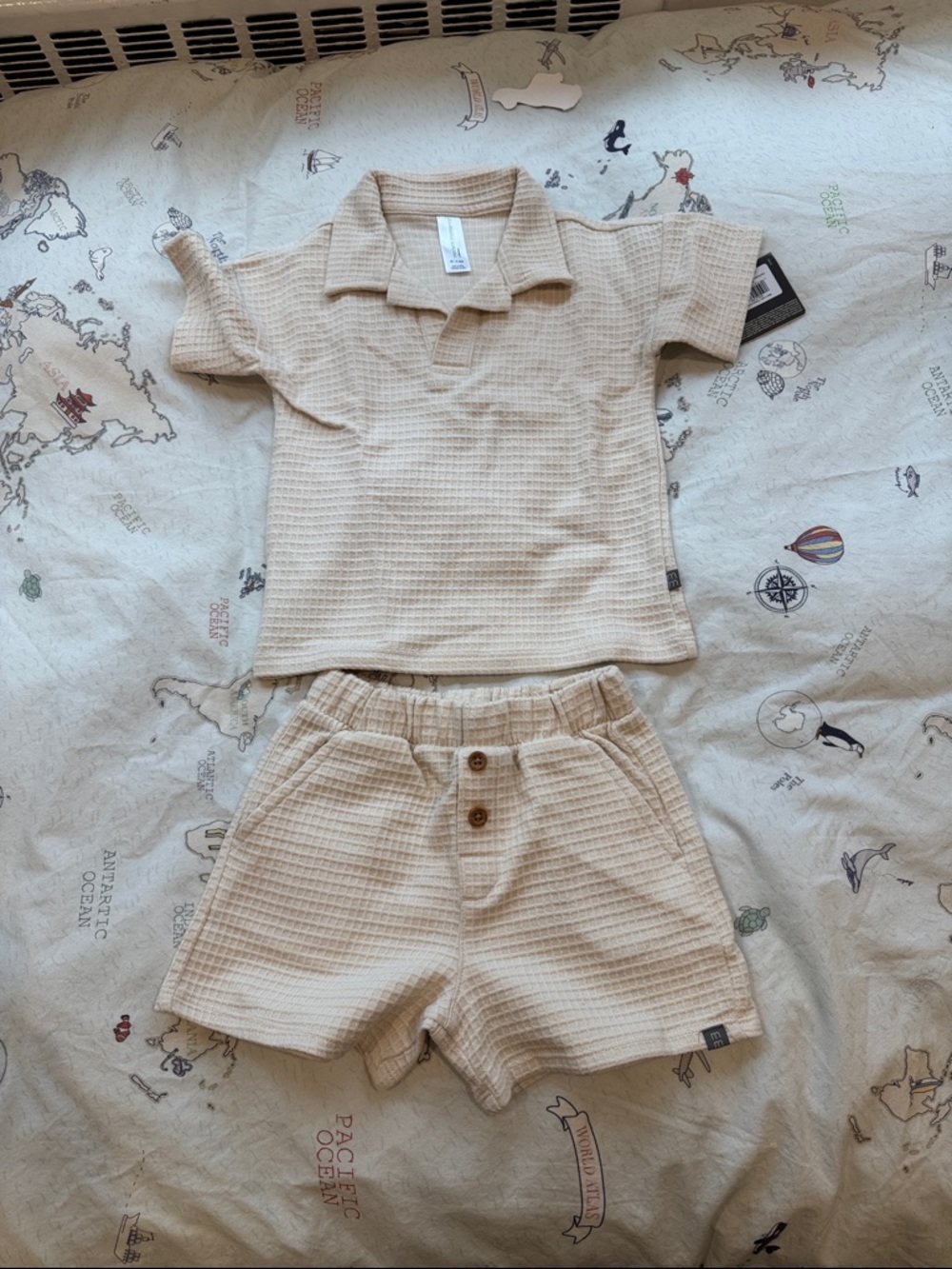 Kids Cream Waffle Knit Polo Top & Shorts Set